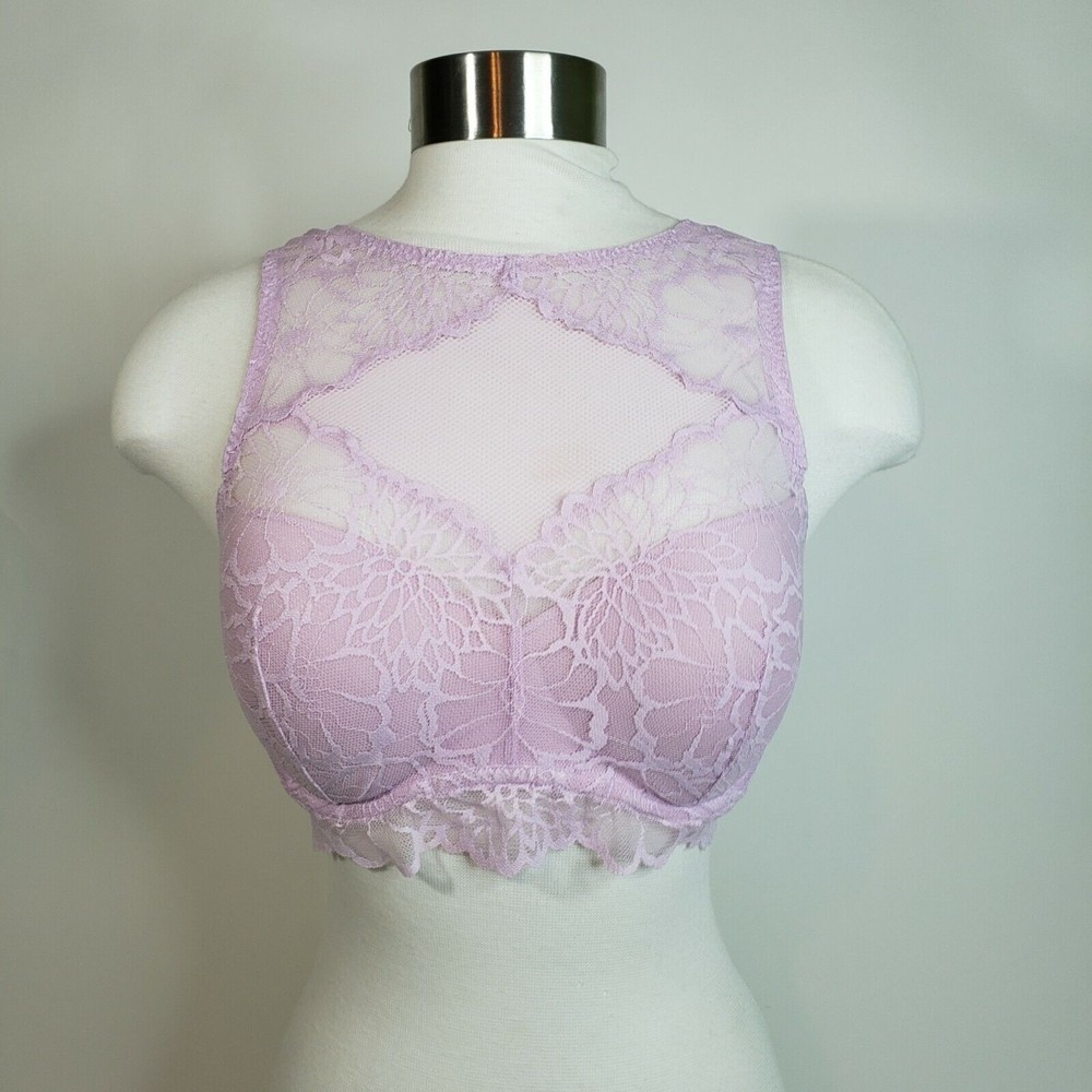 Victoria's Secret PINK Lavender Wildflower Lace High Neck Push Up Bralette S-DD - Picture 1 of 8